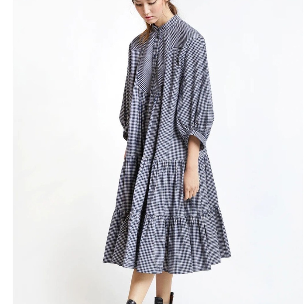 Karen Walker Oklahoma Tiered Dress Organic Cotton Dark Navy - Picture 5 of 7